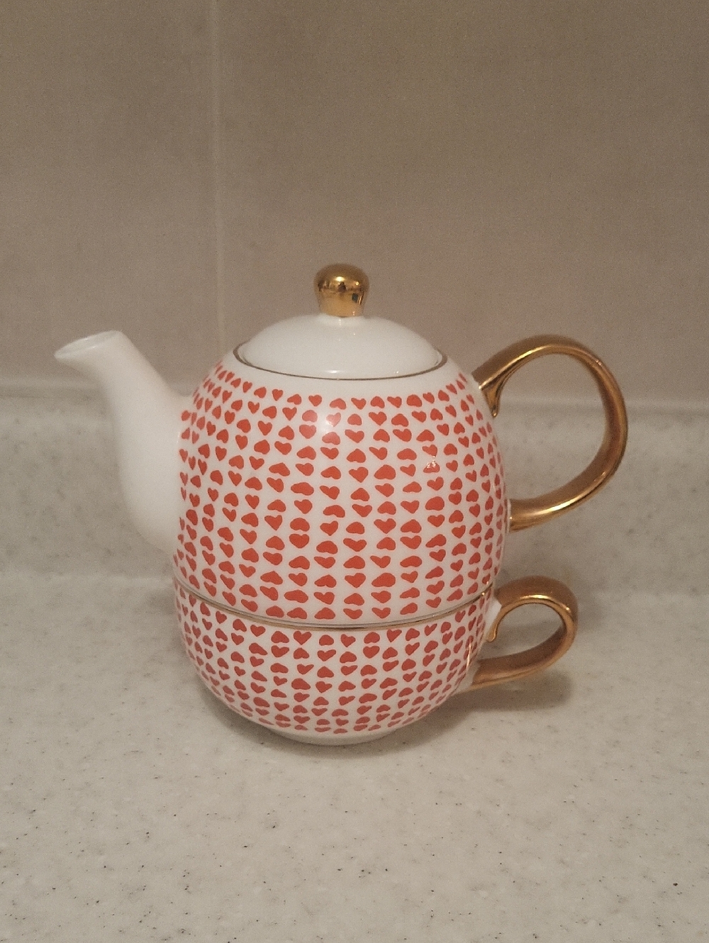Indigo White Teapot and Cup Set with Red Heart Pattern and Gold Handles
